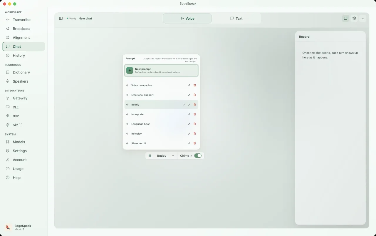 EdgeSpeak desktop Chat screen with the persona list open, showing presets Voice companion, Emotional support, Buddy, Interpreter, Language tutor and Roleplay, and a New prompt button.