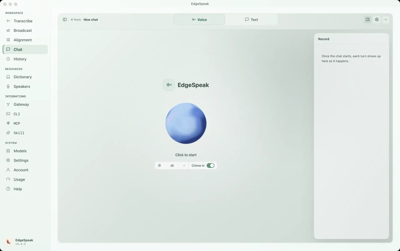 EdgeSpeak desktop Chat screen in Voice mode with a start orb, a persona selector, a chime toggle, and a record panel that keeps each turn of the conversation.