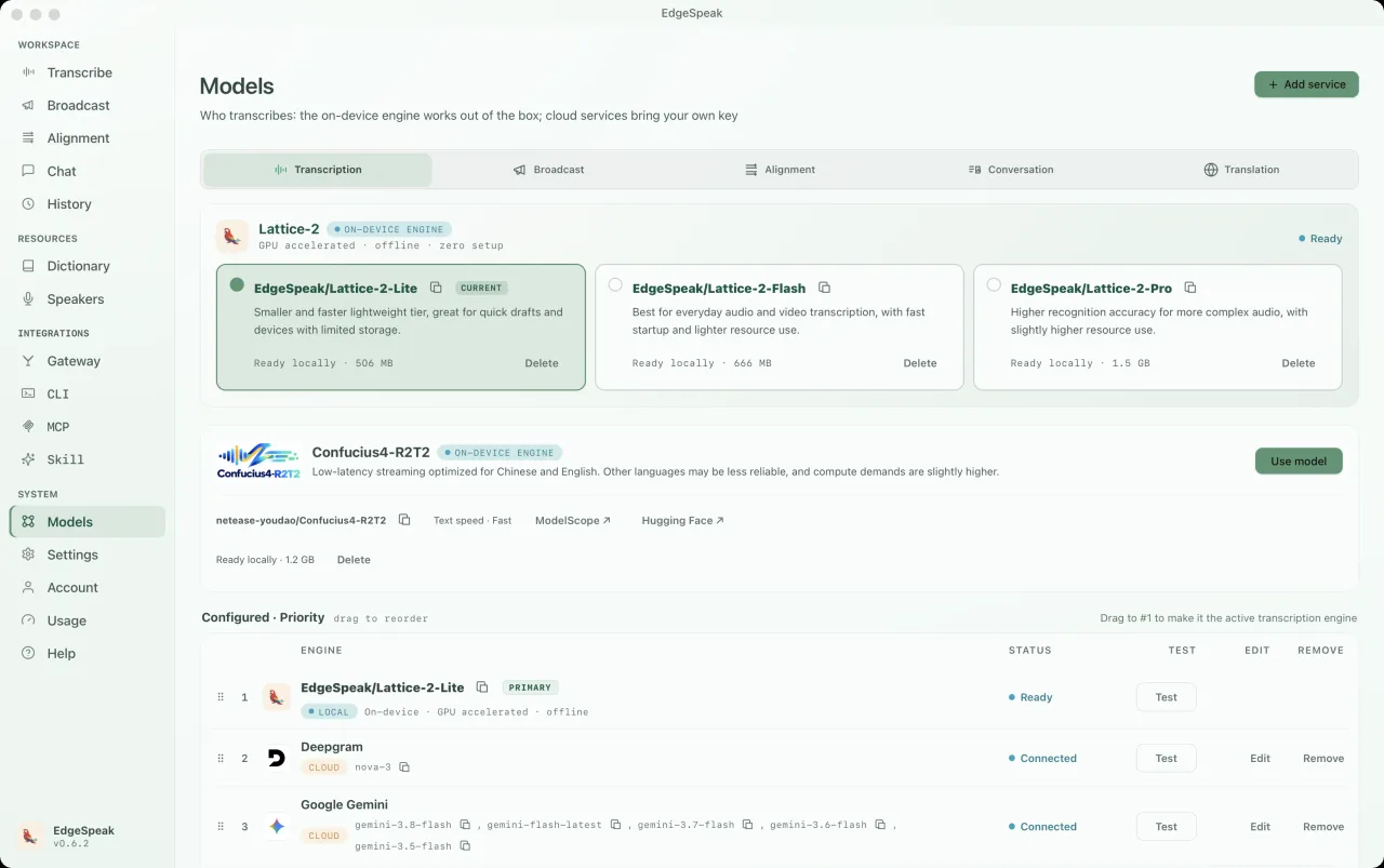 EdgeSpeak desktop Models screen listing local Lattice-2 Lite, Flash and Pro transcription models.